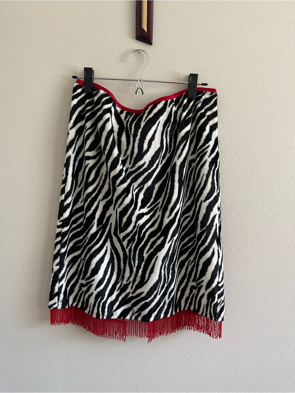 XOXO Black and White Zebra Print Fur Midi Skirt with Red Fringe